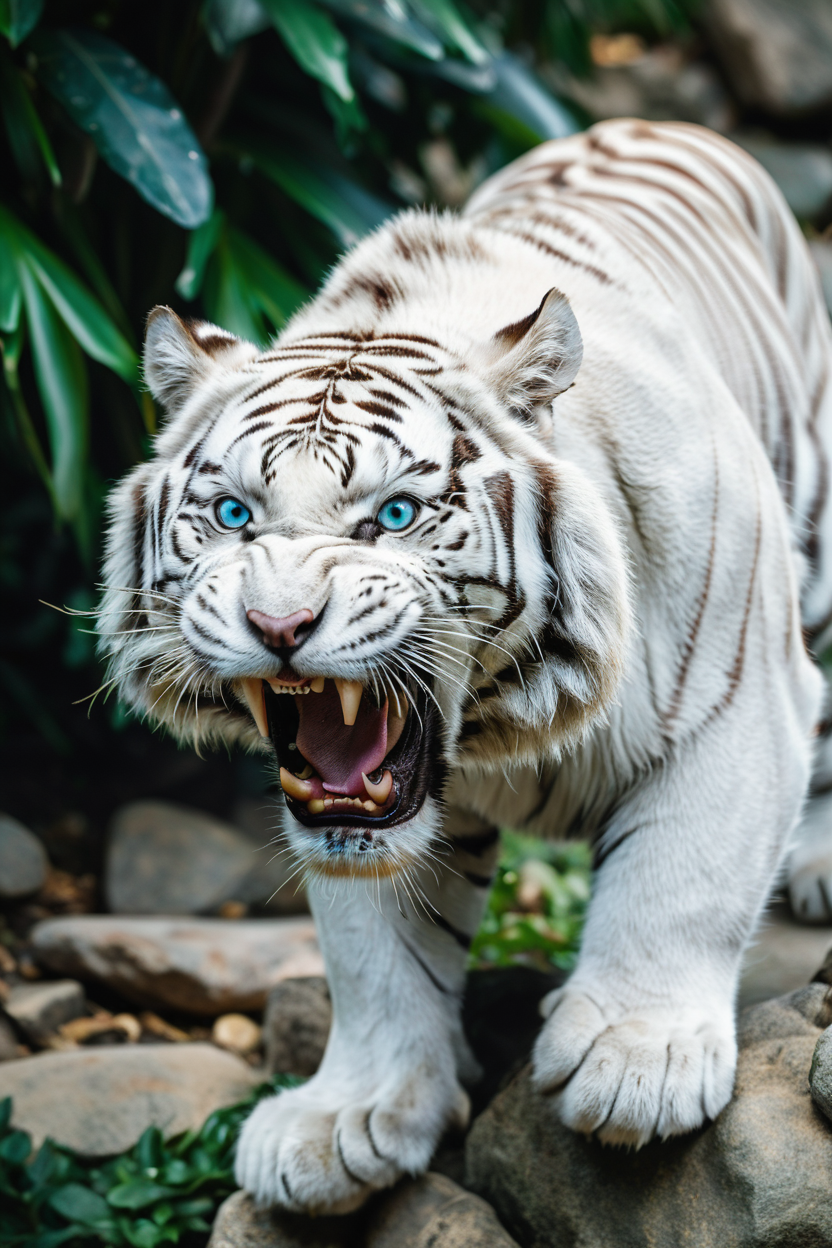 07841-1904155969-close-up of a roaring white tiger with black stripes, open mouth showing sharp teeth, intense blue eyes, green foliage and rocks.png